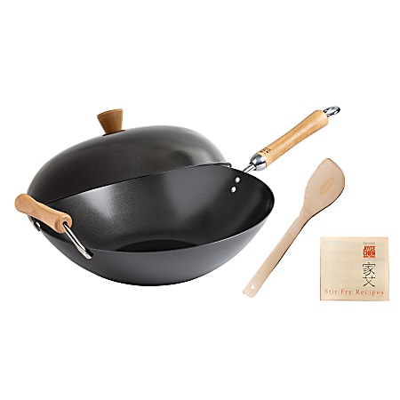 Joyce Chen Classic Series 4-Piece Carbon Steel Nonstick Wok Set With Lid And Birch Handles, 14", Black