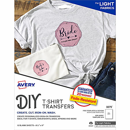 Avery® T-Shirt Transfers for Inkjet Printers - Letter - 8 1/2" x 11" - Matte - Printable, Easy Peel, Die-cut, Long Lasting, Crack Resistant - 12/Pack - 6 / Carton