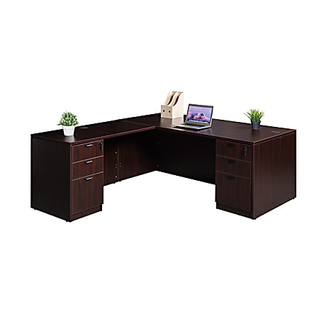 Boss Holland Series 66"W L-Shaped Corner Desk With Dual File Pedestals, Mahogany