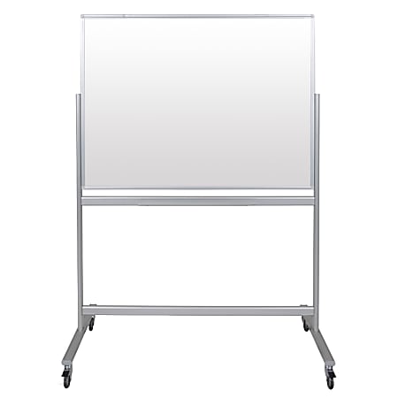 Luxor Double-Sided Mobile Magnetic Glass Dry-Erase Whiteboard, 48" x 36", Aluminum Frame With Silver Finish