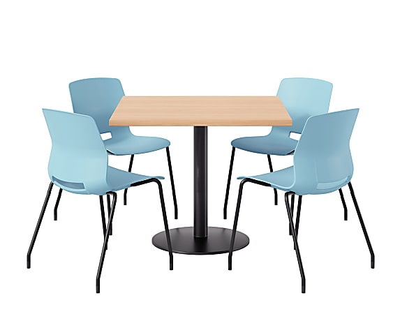 KFI Studios Proof Cafe Pedestal Table With Imme Chairs, Square, 29”H x 36”W x 36”W, Maple Top/Black Base/Sky Blue Chairs