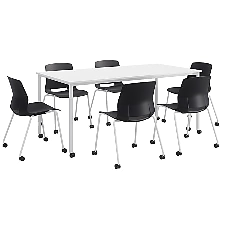 KFI Studios Dailey Table Set With 6 Caster Chairs, White Table/Black Chairs