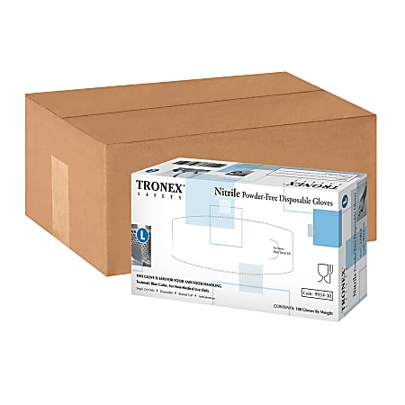 Tronex Finger-Textured Disposable Powder-Free Nitrile Gloves, Large, Blue, 100 Gloves Per Pack, Box Of 10 Packs