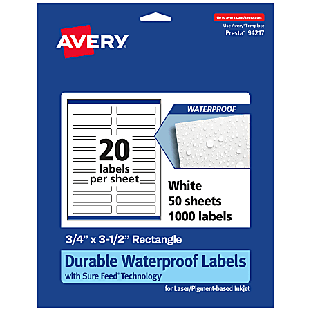 Avery® Waterproof Permanent Labels With Sure Feed®, 94217-WMF50, Rectangle, 3/4" x 3-1/2", White, Pack Of 1,000
