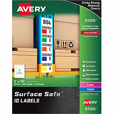 Avery® Surface Safe ID Labels - Removable Adhesive - 2" Width x 10" Length - Rectangle - Laser, Inkjet - White - Polyester - 4 / Sheet - 50 Total Sheets - 200 / Pack