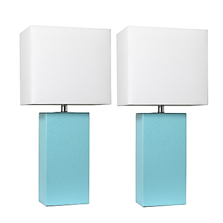 Elegant Designs Modern Leather Table Lamps, 21"H, White Shade/Aqua Base, Set Of 2 Lamps