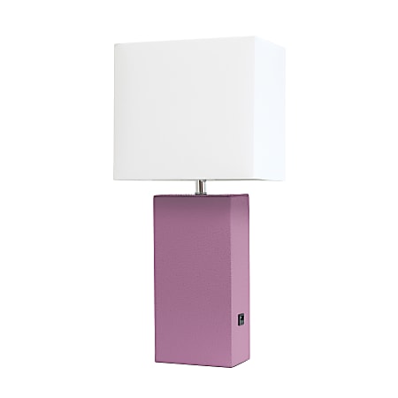 Elegant Designs Modern Leather/Fabric Desk Lamp With USB Port, 21"H, White Shade/Purple Base