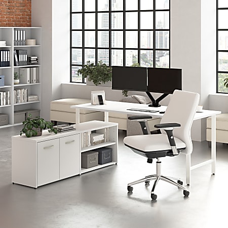 Bush Business Furniture Hustle 72"W Computer Desk and Low Storage Cabinet with Doors and Shelves, White, Standard Delivery Service