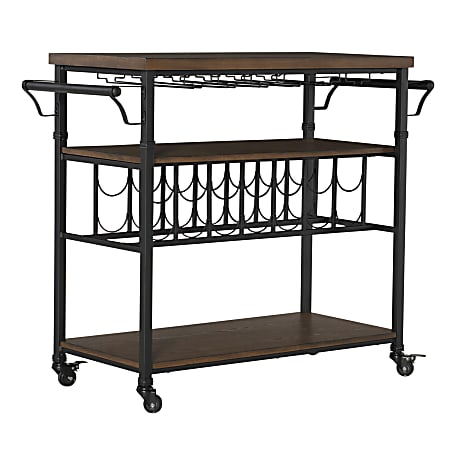 Linon Anson 2-Shelf Wine Cart, 35-15/16"H x 43-1/8"W x 18"D, Brown/Black