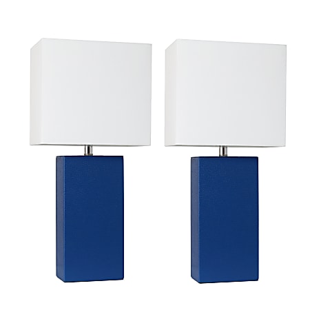 Elegant Designs Modern Leather Table Lamps, 21"H, White Shade/Blue Base, Set Of 2 Lamps