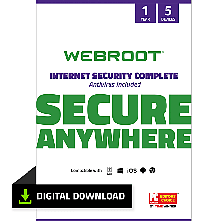 Webroot® Internet Security Complete With Antivirus Protection, 5-Device,  1-Year Subscription