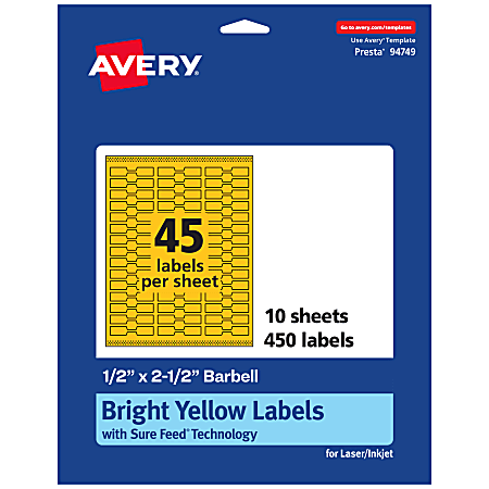 Avery® Printable Labels With Sure Feed® Technology, 94749-BYP10, Barbell, 1/2" x 2-1/2", Matte Bright Yellow, Pack of 450