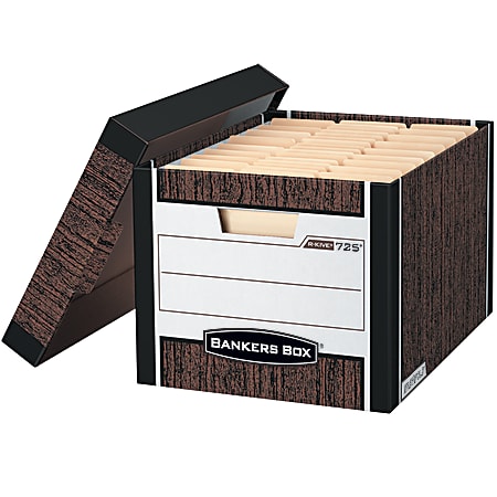 Bankers Box® R-Kive® Storage Boxes, Letter/Legal, 15" x 12" x 10", 60% Recycled, Woodgrain, Pack Of 4