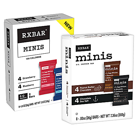 RXBAR MINIS Variety Protein Bars, Choc Sea Salt + PB Choc & Strawberry + Blueberry, 0.9 Oz, 8 Bars Per Box, Pack Of 2 Boxes