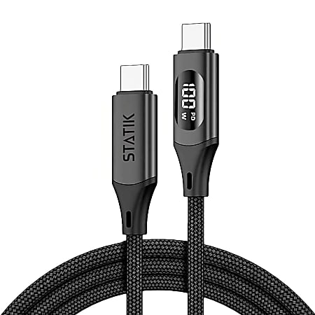 Statik TruCharge 100W USB-C To USB-C Cables With Charge Display, Black, PUP-0506-3FT-2QTY, Pack Of 2 Cables