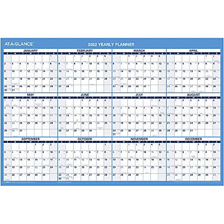 AT-A-GLANCE® Erasable Reversible Yearly Wall Calendar, 36" x 24", Blue, January To December 2022, PM20028