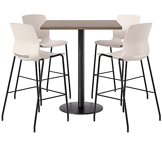 KFI Studios Proof Bistro Square Pedestal Table With Imme Bar Stools, Includes 4 Stools, 43-1/2”H x 36”W x 36”D, Studio Teak Top/Black Base/Moonbeam Chairs