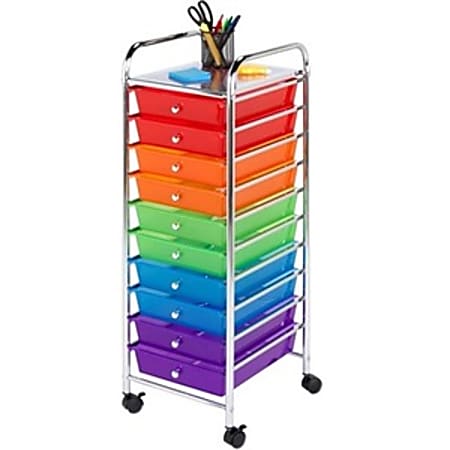 Honey-can-do CRT-02214 10 Drawer Rolling Storage Cart, Multicolored - 10 Drawer(s) - Drawer Size 2.50" x 11" - 37.4" Height x 15.4" Width x 13" Depth - Floor - Chrome Plated - Steel