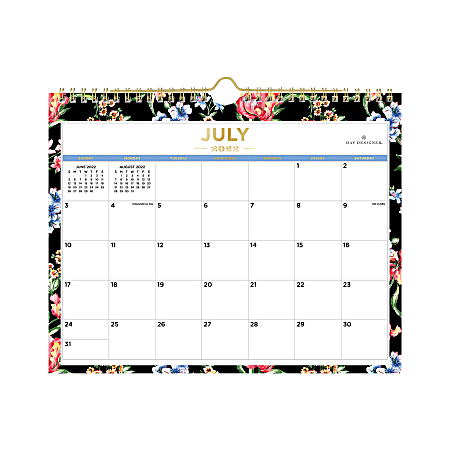 Day Designer Monthly Safety Wirebound Wall Calendar, 8-3/4" x 11", Tulip Garden Black, July 2022 To June 2023, 136661