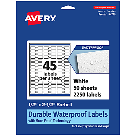 Avery® Waterproof Permanent Labels With Sure Feed®, 94749-WMF50, Barbell, 1/2" x 2-1/2", White, Pack Of 2,250