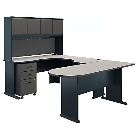 Bush Business Furniture Office Advantage U Shaped Corner Desk With Hutch And Mobile File Cabinet, Slate/White Spectrum, Premium Installation