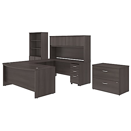 Bush Business Furniture Studio C 72"W x 36"D U Shaped Desk with Hutch, Bookcase and File Cabinets, Storm Gray, Premium Installation