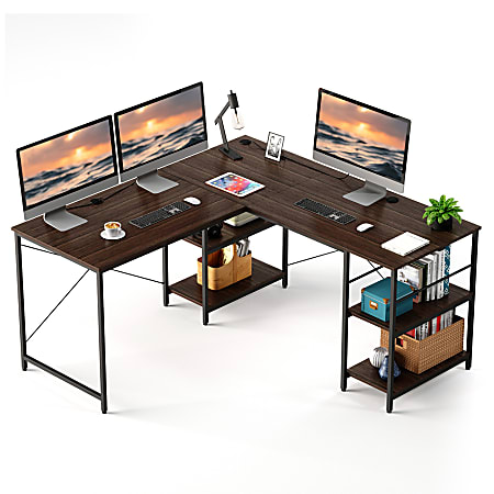 Bestier L-Shaped Corner Computer Desk With Storage Shelf, 3 Cable Holes, 60"W, Dark Walnut