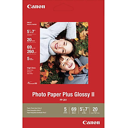 Canon® PP201 Glossy Photo Paper Plus, 5" x 7", 69 Lb, Pack Of 20 Sheets