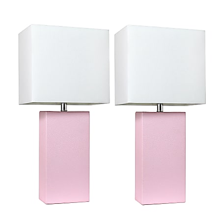 Elegant Designs Modern Leather Table Lamps, 21"H, White Shade/Blush Pink Base, Set Of 2 Lamps