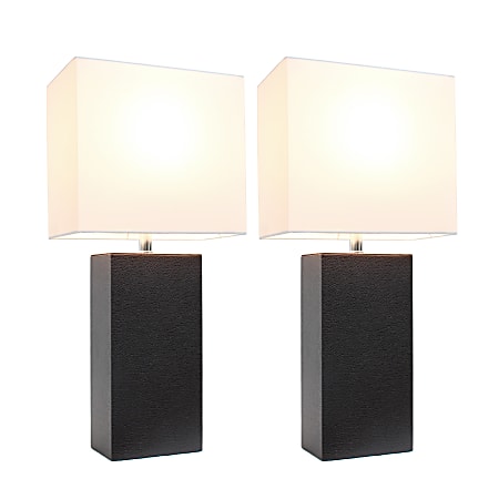 Elegant Designs 2 Pack Modern Leather Table Lamps with White Fabric Shades Espresso Brown