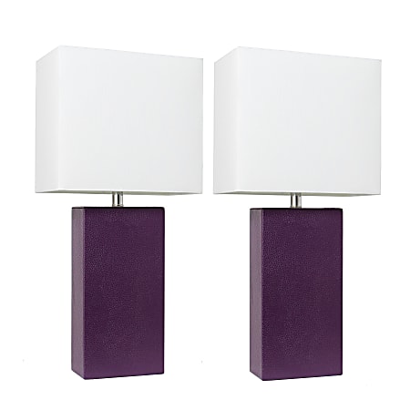 Elegant Designs Modern Leather Table Lamps, 21"H, White Shade/Eggplant Base, Set Of 2 Lamps