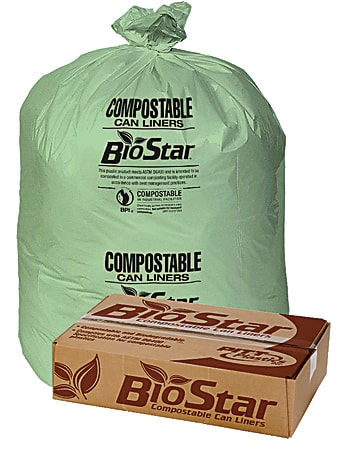 Pitt Plastics BioStar 1-mil Compostable Can Liners, 33 Gallons, 33" x 39", Green, 10 Bags Per Roll, Case Of 10 Rolls