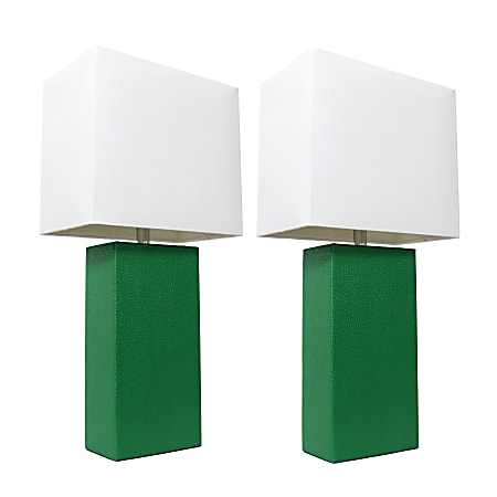 Elegant Designs Modern Leather Table Lamps, 21"H, White Shade/Green Base, Set Of 2 Lamps