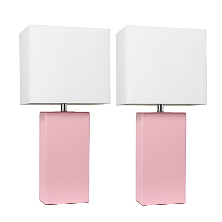 Elegant Designs Modern Leather Table Lamps, 21"H, White Shade/Pink Base, Set Of 2 Lamps