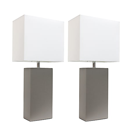 Elegant Designs Modern Leather Table Lamps, 21"H, White Shade/Gray Base, Set Of 2 Lamps