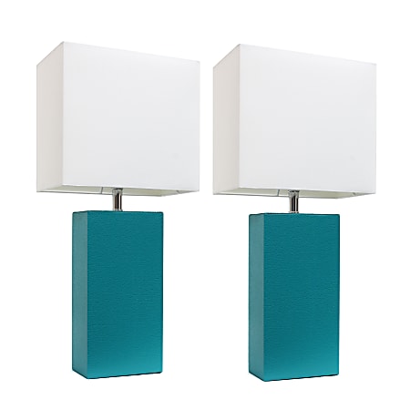Elegant Designs Modern Leather Table Lamps, 21"H, White Shade/Teal Base, Set Of 2 Lamps