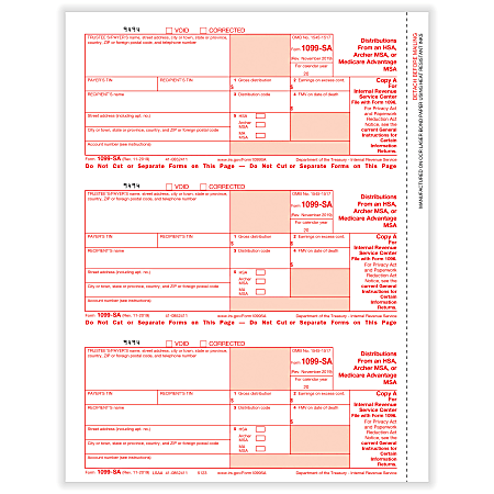 ComplyRight™ 1099-SA Tax Forms, 3-Up, Federal Copy A, Laser, 8-1/2" x 11", Pack Of 150 Forms