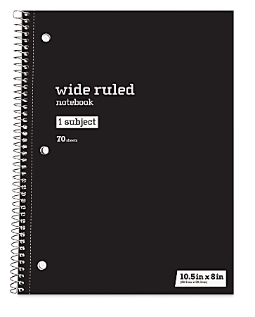 Just Basics® Spiral Notebook, 8" x 10-1/2", Wide Ruled, 70 Sheets, Black