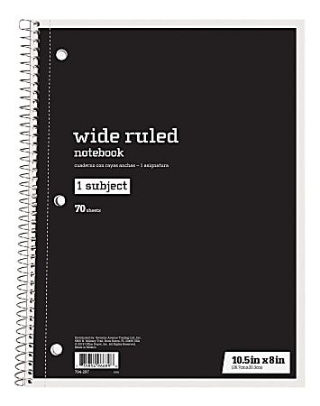 Just Basics® Spiral Notebook, 8" x 10 1/2", Wide Ruled, 70 Sheets, Black