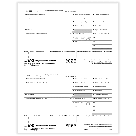 ComplyRight® W-2 Tax Forms, 2-Up, Employer’s Copy D and/or State, City Or Local Copy 2, Laser, 8-1/2" x 11", Pack Of 100 Forms