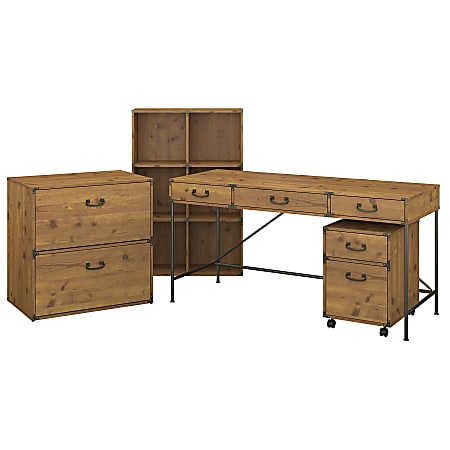 kathy ireland® Home by Bush Furniture Ironworks 60"W Writing Desk with File Cabinets and Bookcase, Vintage Golden Pine, Standard Delivery