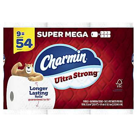 Charmin Ultra Strong Super Mega 2-Ply Toilet Paper Rolls, 4” x 4”, White, 363 Sheets Per Roll, Pack Of 9 Rolls