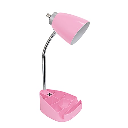 LimeLights Gooseneck Organizer Desk Lamp With Tablet Stand And USB Port, Adjustable Height, 18-1/2"H, Pink Shade/Pink Base