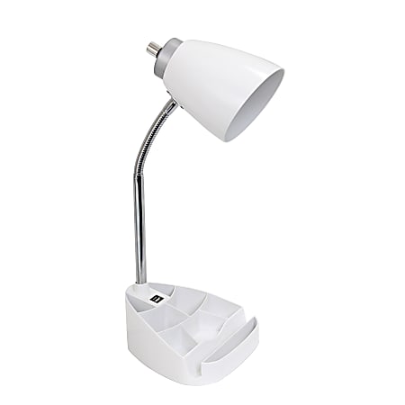 LimeLights Gooseneck Organizer Desk Lamp With Tablet Stand And USB Port, Adjustable Height, 18-1/2"H, White Shade/White Base