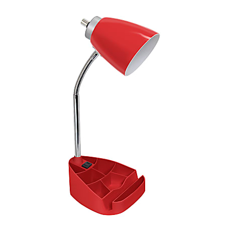 LimeLights Gooseneck Organizer Desk Lamp With Tablet Stand And Charging Outlet, Adjustable Height, Red Shade/Red Base