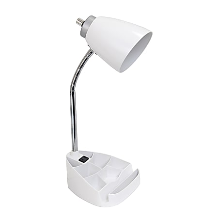 LimeLights Gooseneck Organizer Desk Lamp With Tablet Stand And Charging Outlet, Adjustable Height, White Shade/White Base