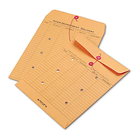 Quality Park Inter-Department Envelopes, 10" x 13", 2-Side Narrow-Rule, Button & String, 20% Recycled, Brown, Pack Of 100