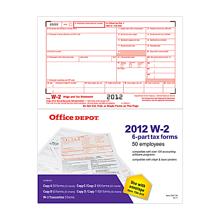 Office Depot® Brand 6-Part W-2 Forms For 2012 Tax Year, Pack Of 50 Sets