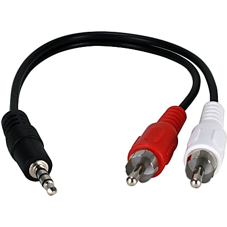 QVS 3.5mm Mini-Stereo Male to Two RCA Male Speaker Adaptor - 8" Mini-phone/RCA Audio Cable for Audio Device, Speaker - First End: 1 x Mini-phone Male Stereo Audio - Second End: 2 x RCA Male Audio - Shielding - Nickel Plated Connector - Black, Red - 1