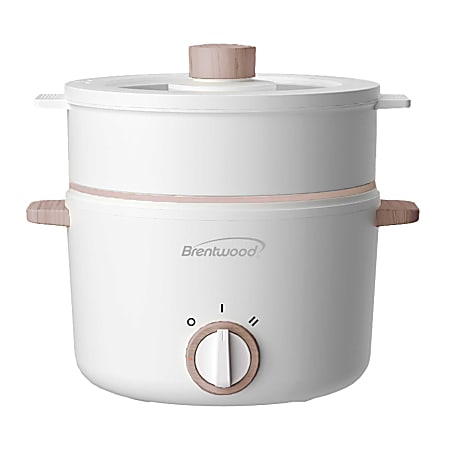 Brentwood® Multi-Function Electric Hot Pot Cooker with Food Steamer and Ceramic Non-Stick Coating, 3.2-Qt., White